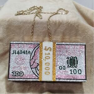 Rhinestone Crystal Money Stack Clutch Purse with Chain